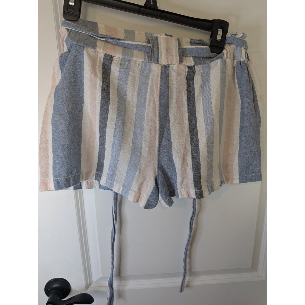 April Kiss Blue Pink‎ Striped Linen Blend Paperbag Waist Shorts Medium